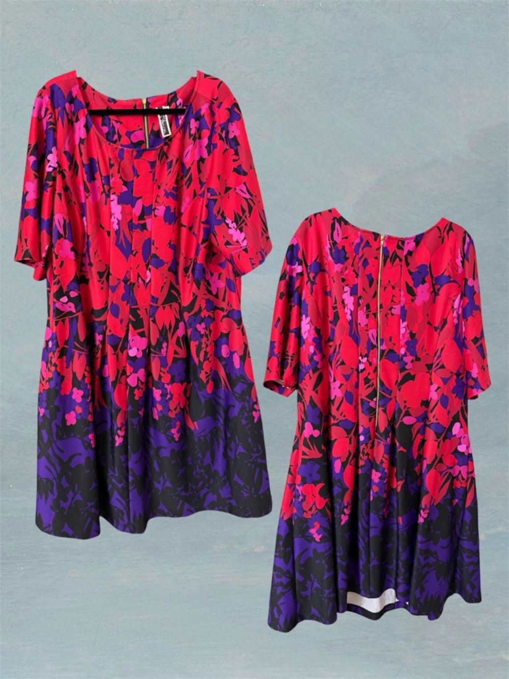 Julian Taylor 24W Gabby Style Fuchsia and Purple Floral Dress with Black Accents